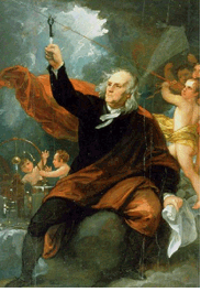 Benjamin Franklin beim Bezwingen des Blitzes